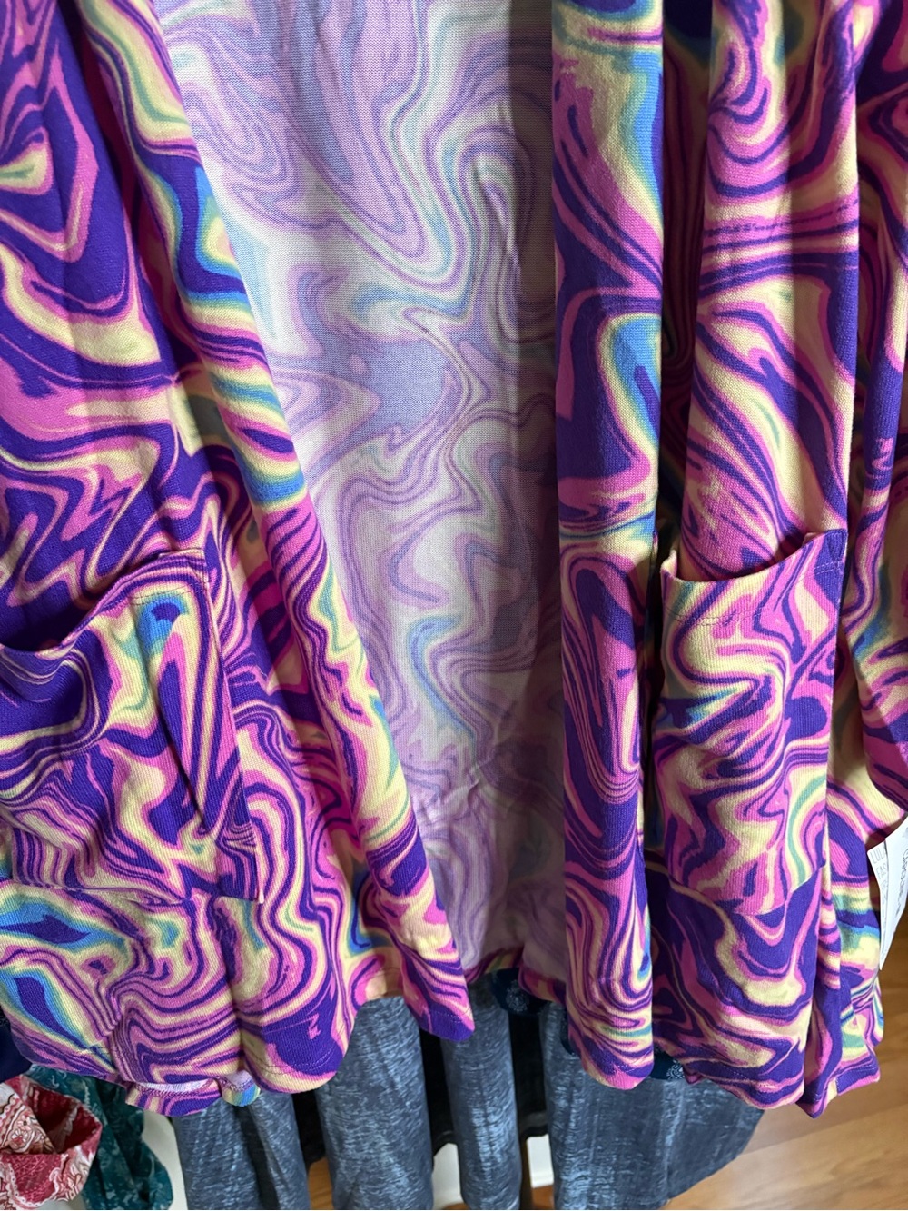 LuLaRoe Purple Pink Yellow Swirl Cardigan - Picture 2 of 5